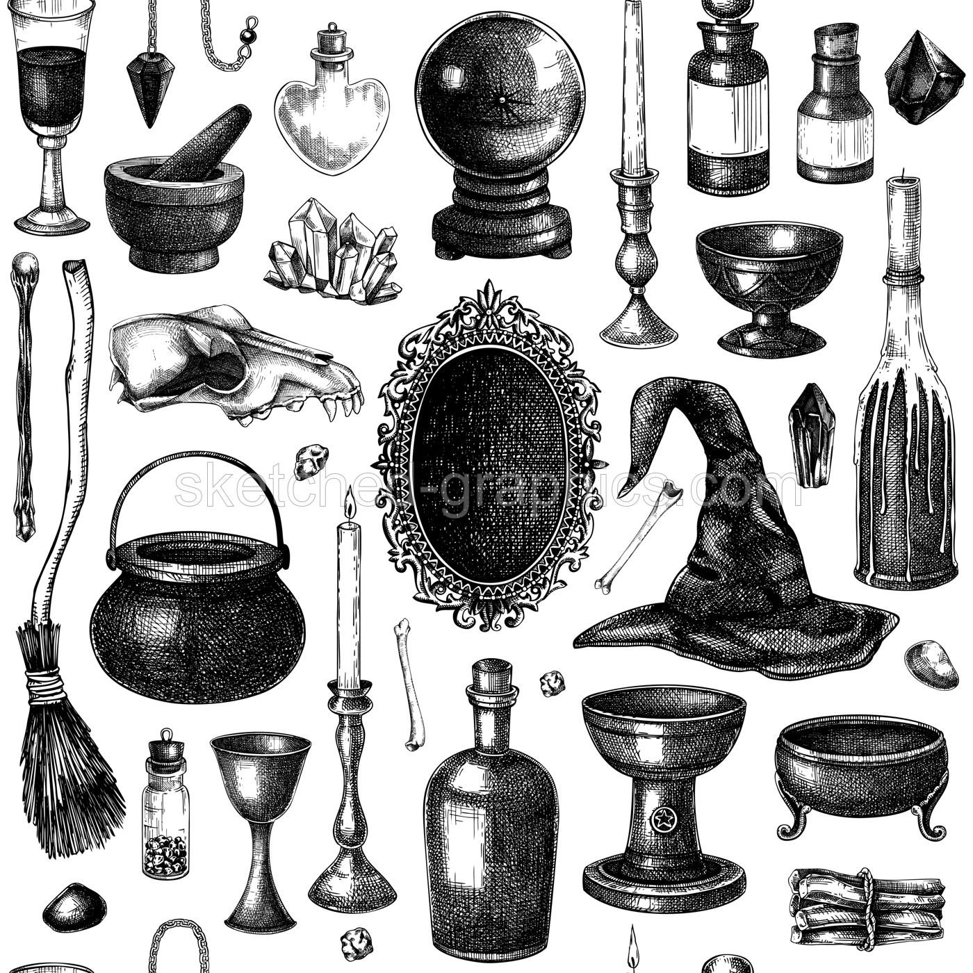 Bohemian style witchcraft background. Vinatge Halloween sketches. Hand-drawn vector illustration. Witchcraft seamless pattern. NOT AI generated Illustration
